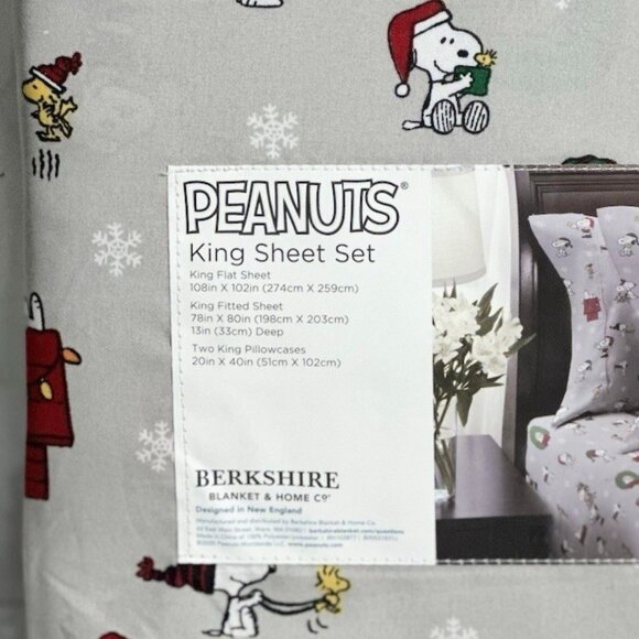 Peanuts Snoopy Christmas Tree King Size Gray Sheet Set (lights woodstock gifts) - Picture 2 of 5